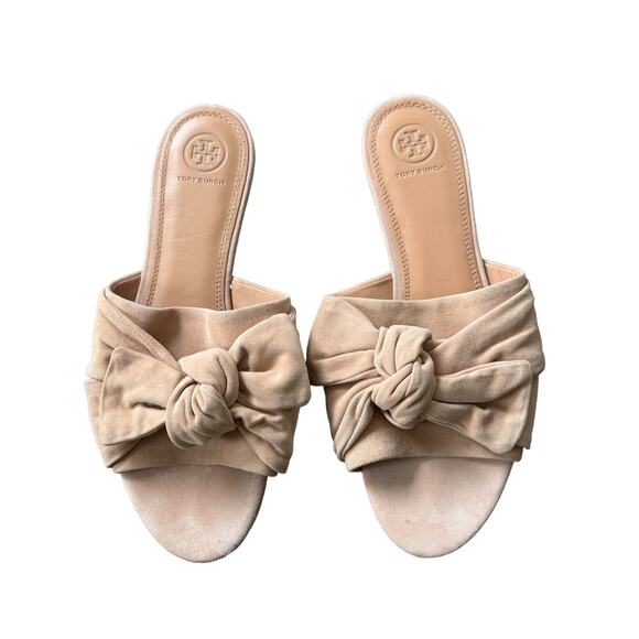 Tory Burch Annabelle Bow Accent Slides Beige Suede - Picture 2 of 7